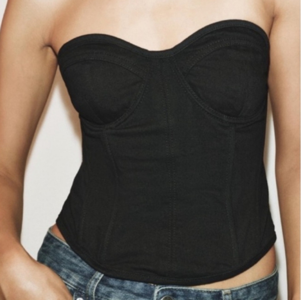 Zara Black Denim Corset Bustier Crop Top Size XL NEW Boho Western Cowgirl